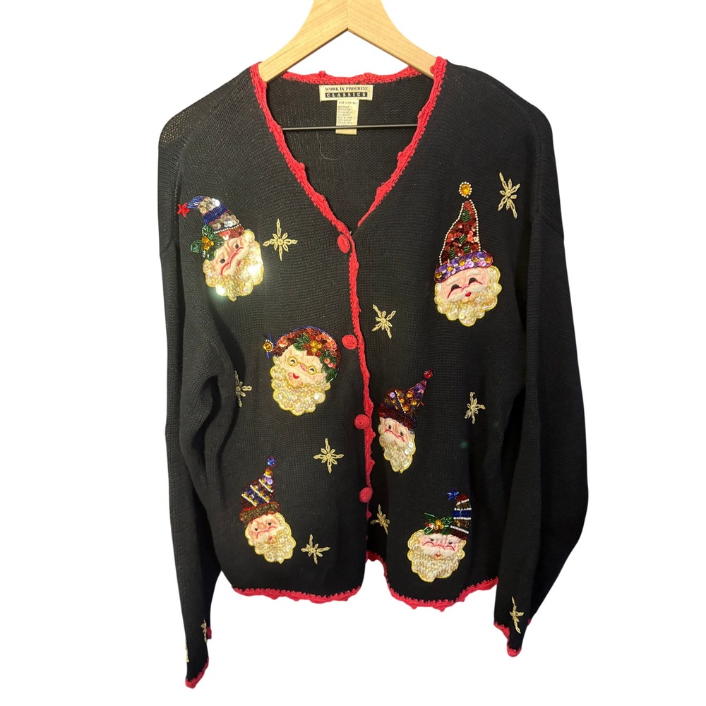 Work In Progress Classics Santa Claus Sequin Christmas Cardigan Sweater Large